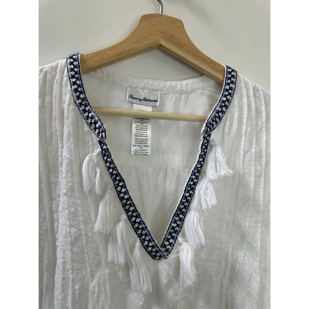 Tommy Bahama Cotton Clip Embroidered Tiered Cover Up Dress White & Blue Large - Picture 5 of 11